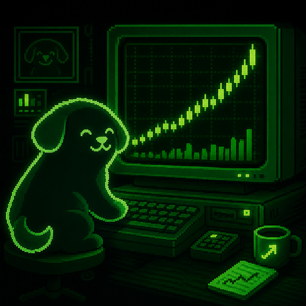 Pump Dog watching a green chart on a retro terminal