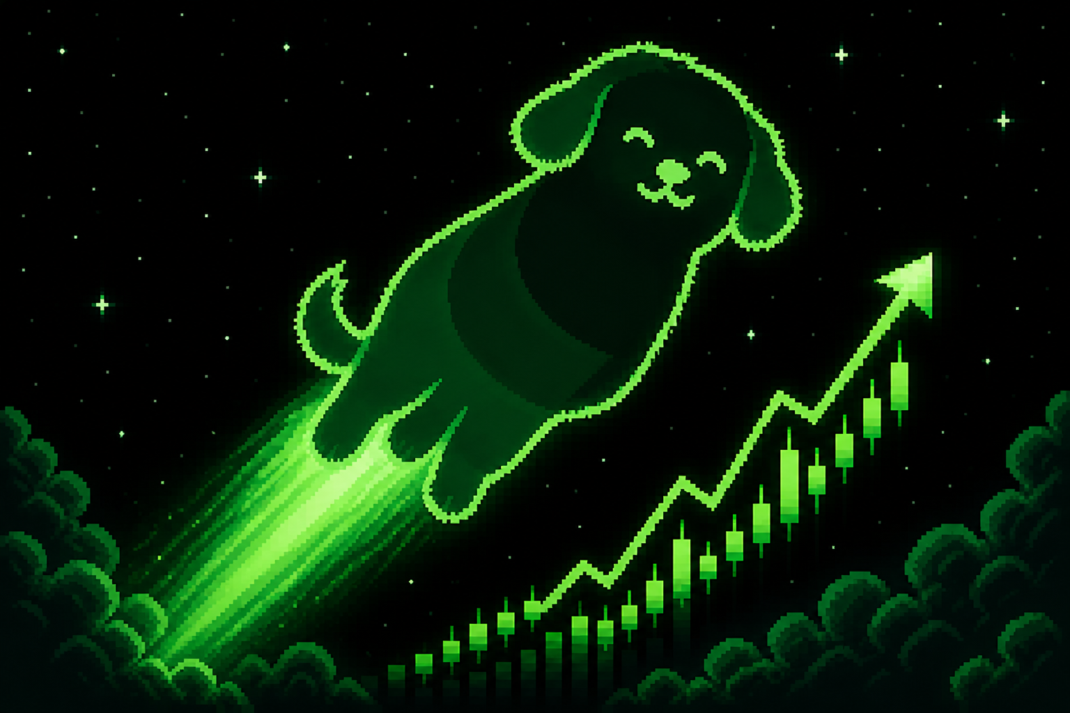 Pump Dog rocketing through a green candlestick chart in space
