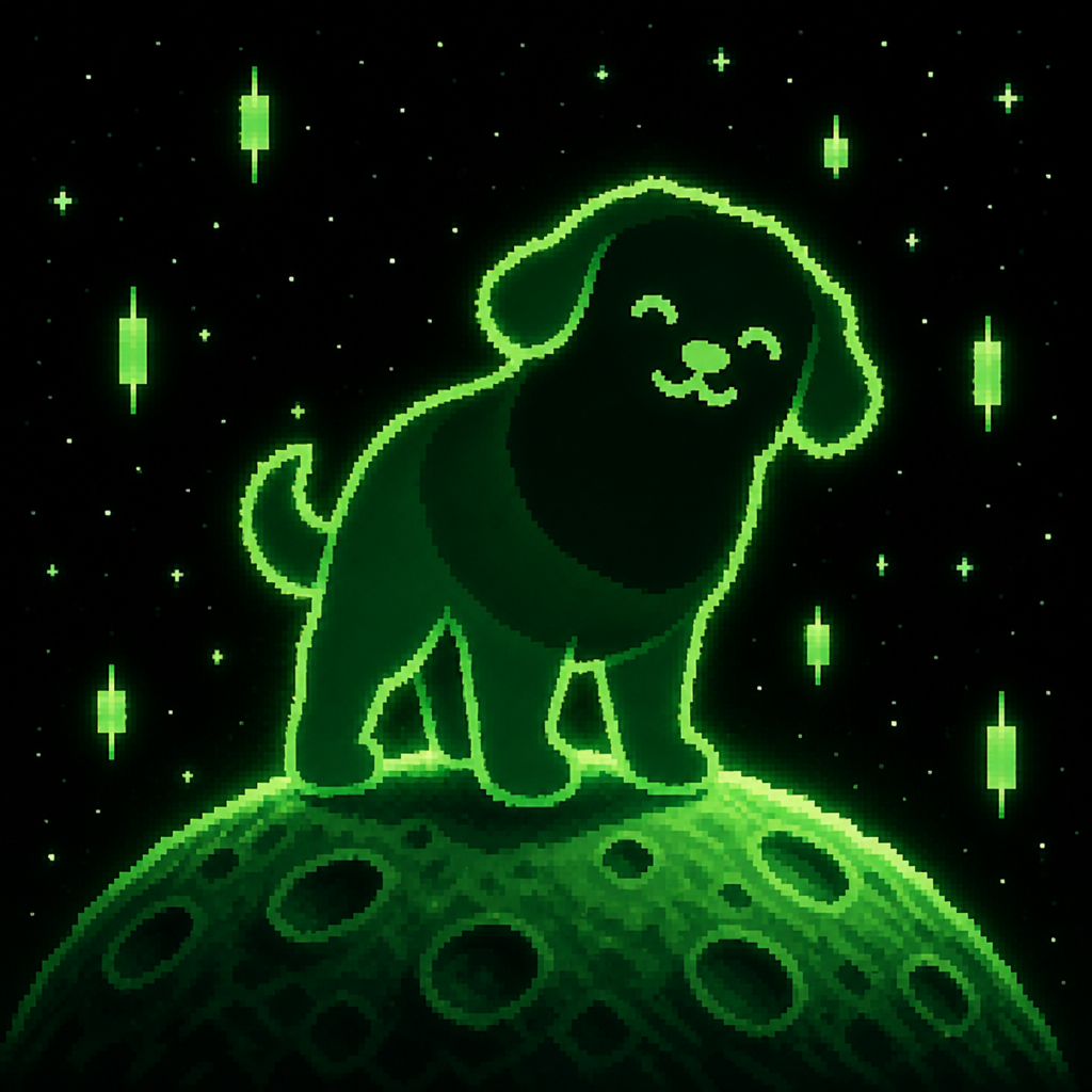 Pump Dog standing on the moon among green candles