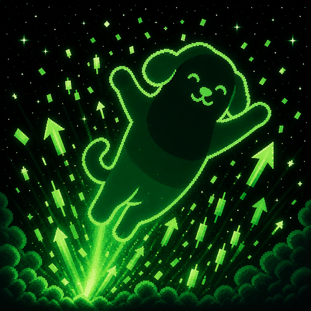 Pump Dog celebrating a green pump with sparkles